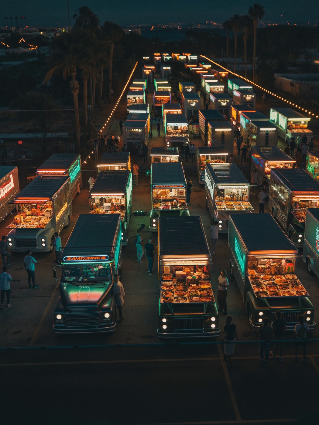 Aerial view of a food-truck night market glowing at night