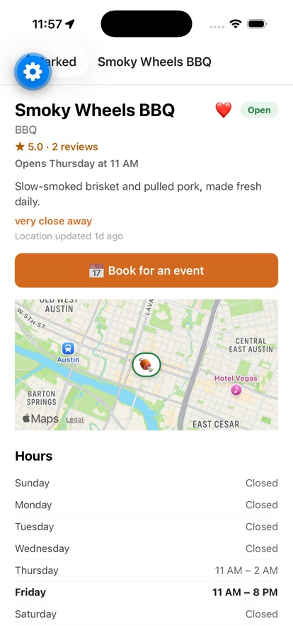 A truck's page in Park'd: live open status, hours, distance, reviews, and order-ahead