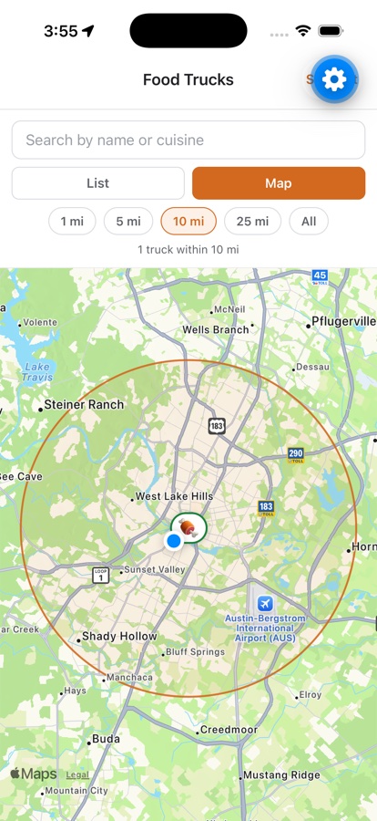 Park'd map showing open food trucks within a radius, each pinned with its cuisine