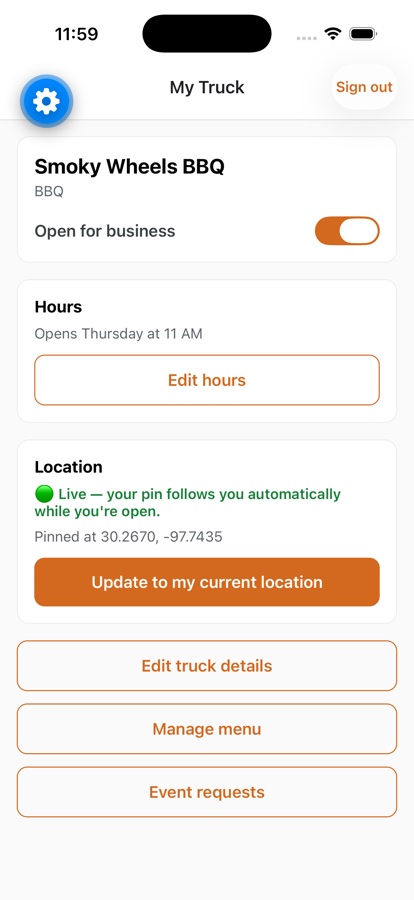 Park'd owner dashboard with an open-for-business toggle and live location tracking